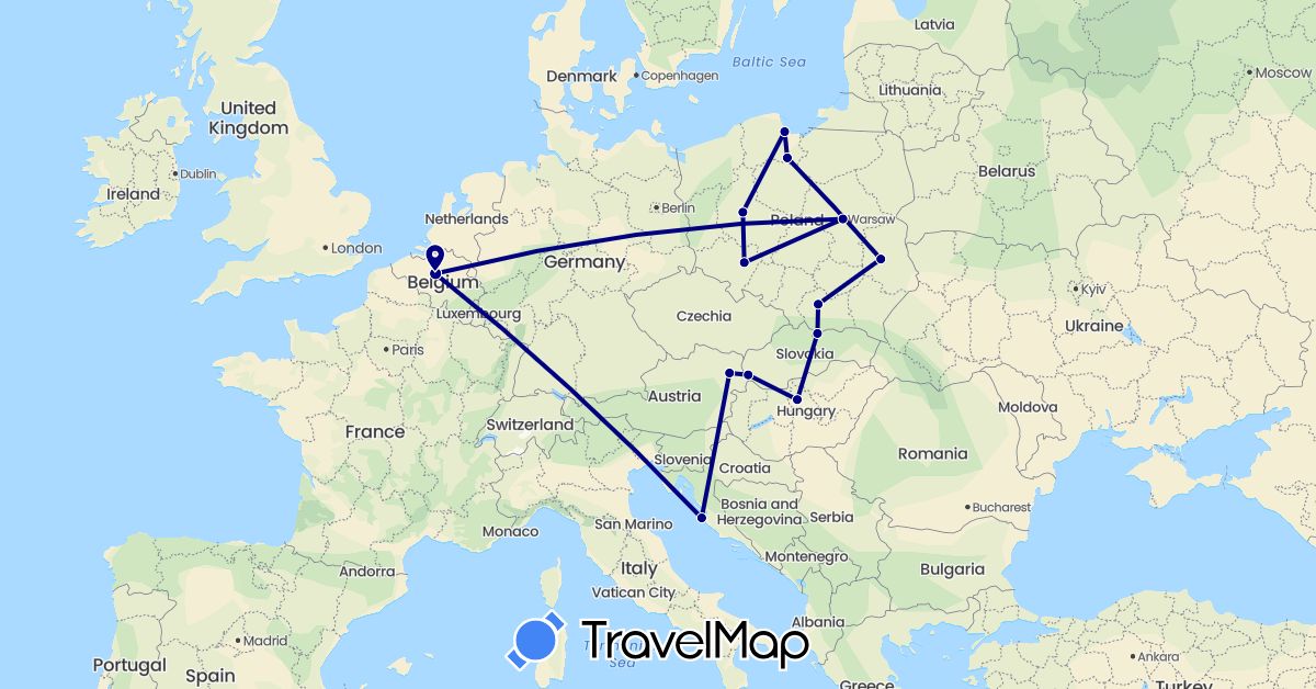 TravelMap itinerary: driving in Austria, Belgium, Croatia, Hungary, Poland, Slovakia (Europe)